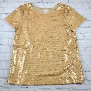 J. Crew Factory Size XS Matte Gold Full Sequin Short Sleeve T-Shirt Top Blouse
